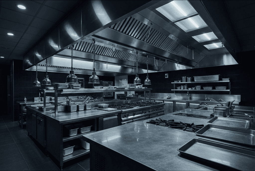 Cocina comercial con equipos en acero inoxidable
