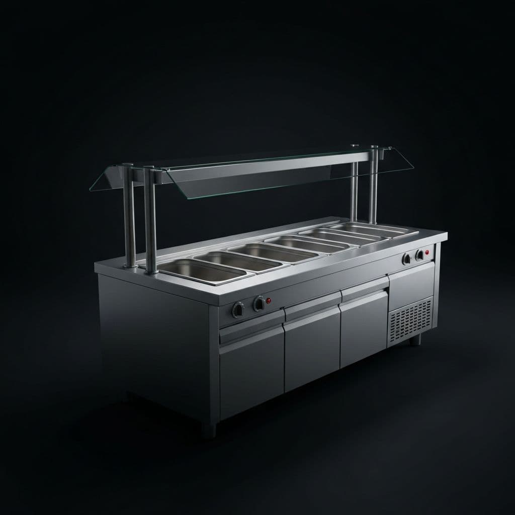 Buffet Caliente - Estación de buffet caliente con baño María y protector de estornudos.