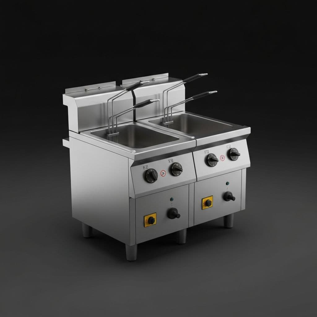 Freidora Doble Canasta - Freidora de doble canasta en acero inoxidable con control de temperatura.