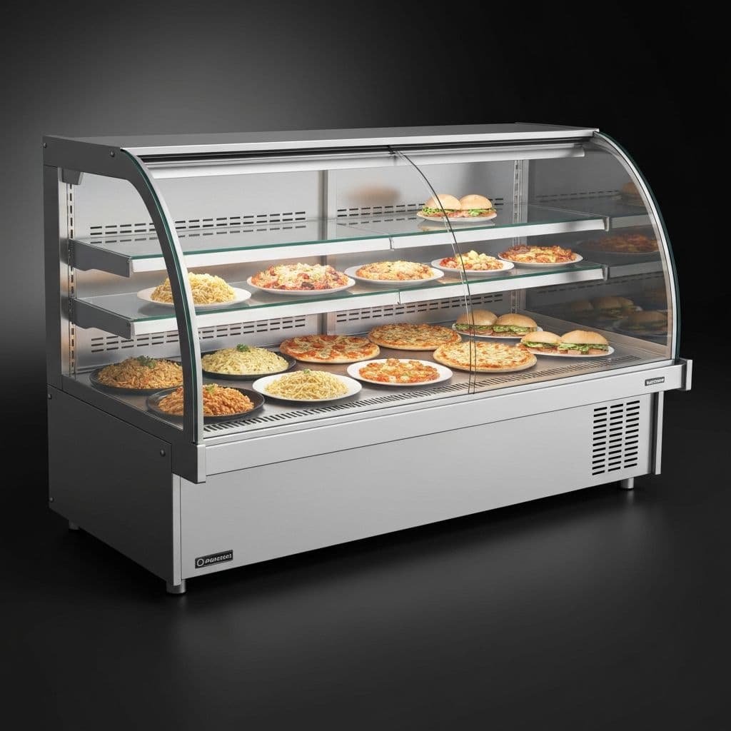 Urna Caliente - Urna exhibidora caliente con vidrio curvo y sistema de calefacción.