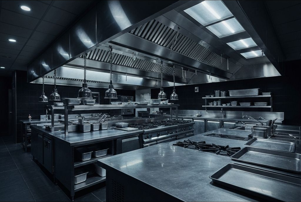 Cocina comercial con equipos en acero inoxidable